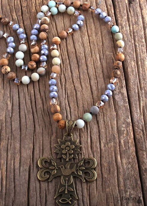 Boho Necklace, RH Precious Lava Stone, Cross and Bird